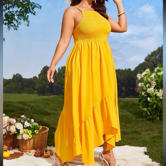 Plus Size Asymmetrical Smocked Cami Dress Yellow - Picture 3 of 6